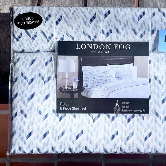 6-pc London Fog FULL SIZE Sheet Set - BLUE WHITE CHEVRON - 2 EXTRA PILLOWCASES - Picture 1 of 4